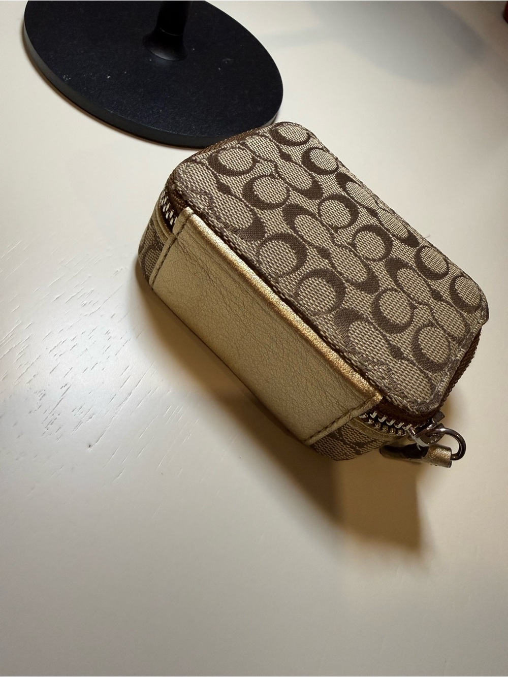 Coach Small Signature Zip Pouch in Khaki and Chalk